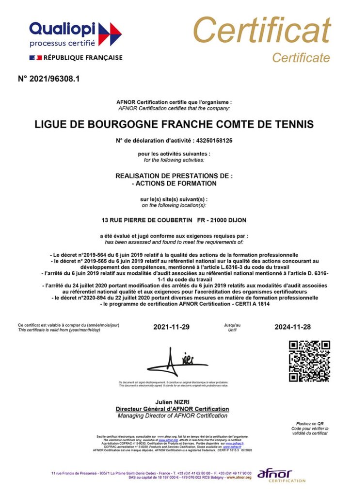 Certificat Qualiopi Ligue BFC de Tennis