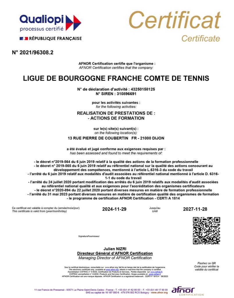 Certificat Qualiopi Ligue BFC de Tennis